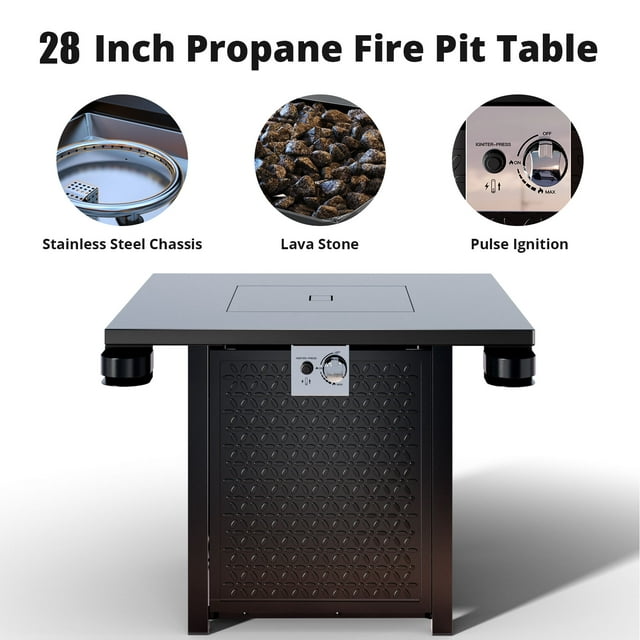 28" Gas Fire Pits for Outside 50,000 BTU Propane Fire Pit Table with Lid and Lava Rock, Black - Walmart.com