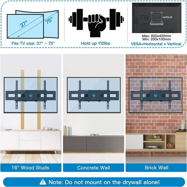 MountFTV Full Motion TV Wall Mount Bracket for 37-75 Inch LCD, QLED,OLED 4K Flat Curved TVs, Max 600x400mm,hold up to 132lbs