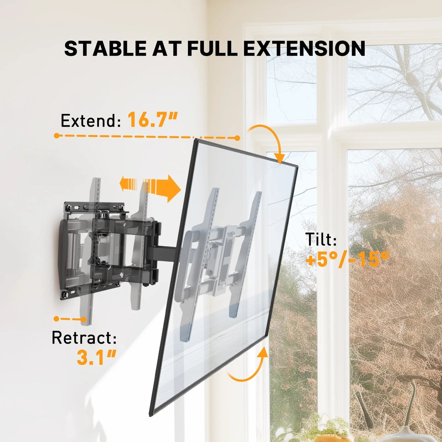 MountFTV Full Motion Articulating TV Wall Mount for Most 40–82 inch Curved TVs with Swivel, Tilt, Extension, Leveling, Max 600x400mm, Holds up to 100lbs