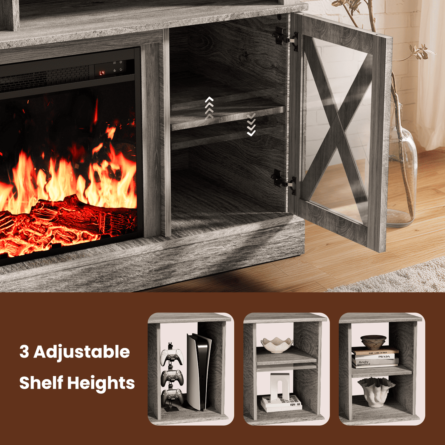CHITOOMA Electric Fireplace TV Stand for 65 inch TVs Farmhouse TV Console with 23″ Fireplace, Gray
