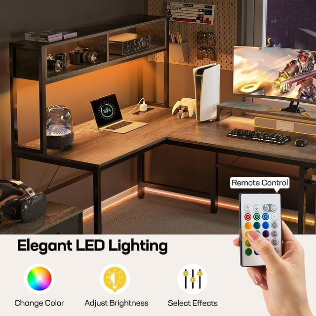 67'' L Shaped Computer Desk with Hutch & Monitor Stand Reversible L-Shaped Gaming Desk with Power Outlet & LED Strip for Home Office, Grey - Walmart.com