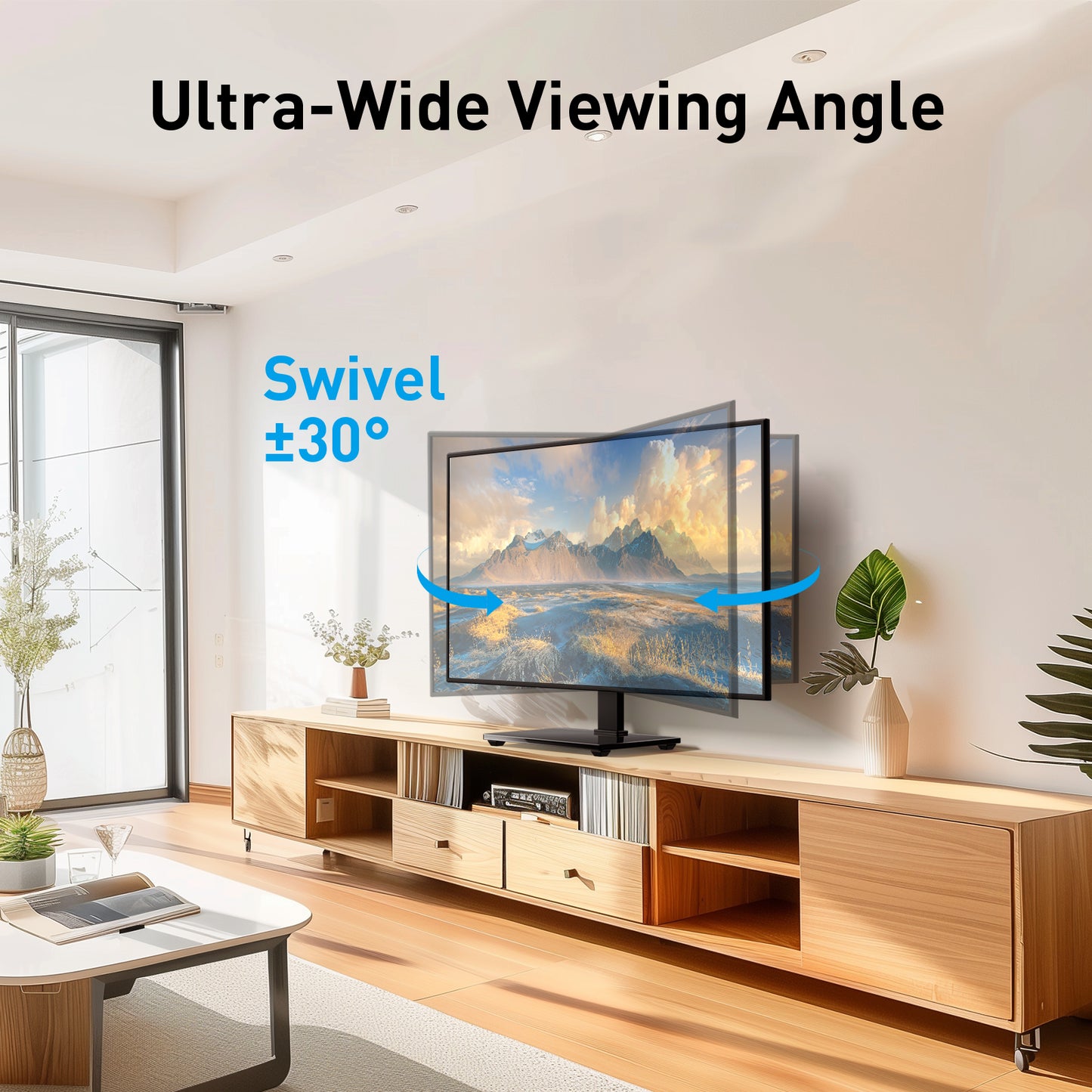 MountFTV Tabletop TV Stand Mount for 37-75 inch LCD LED TVs, Height Adjustable Universal Swivel TV Stand with Tempered Glass Base, Max 600x400mm