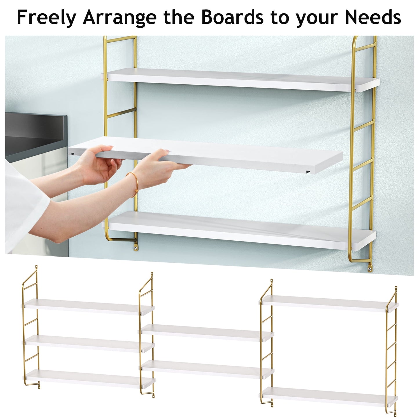 Myfurnideal Floating Shelf Adjustable Wall Mounted Shelves with 3 Panels for Living Room, Bedroom, Bathroom, Kitchen