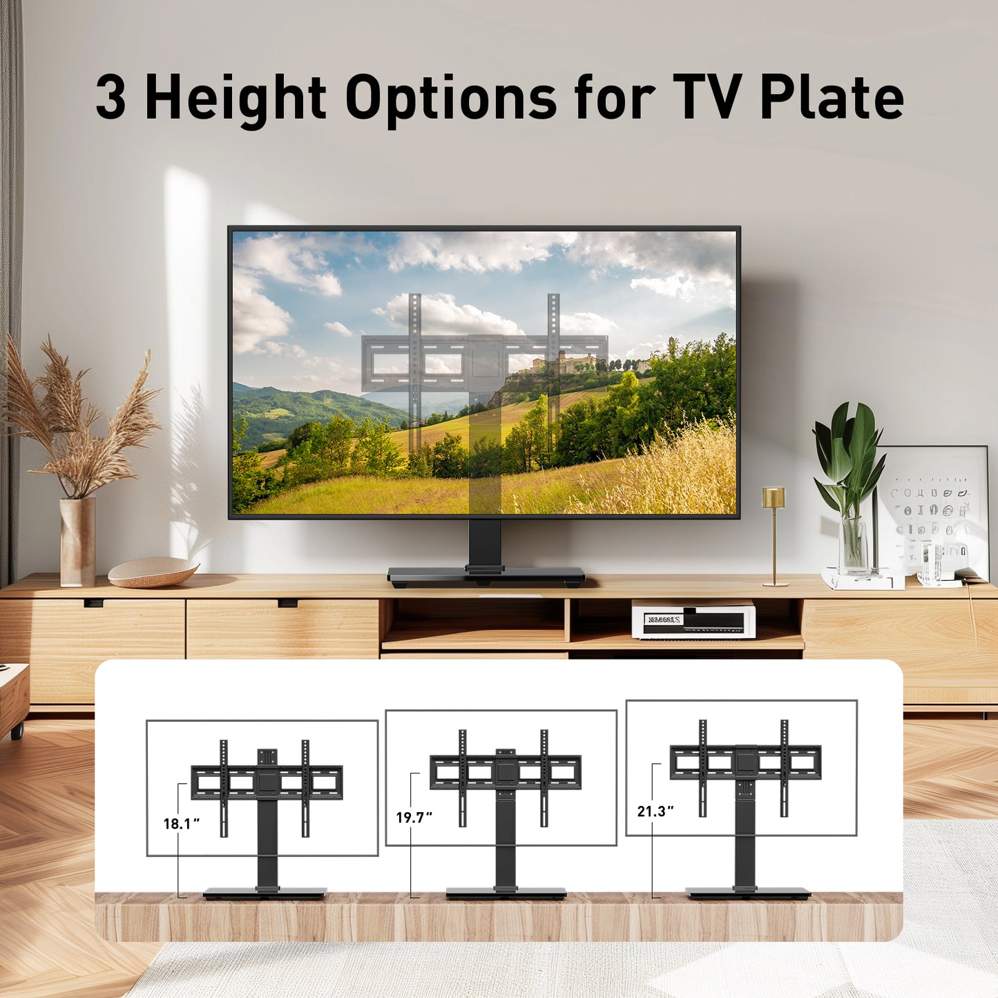 MountFTV Tabletop TV Stand Mount for 37-75 inch LCD LED TVs, Height Adjustable Universal Swivel TV Stand with Tempered Glass Base, Max 600x400mm