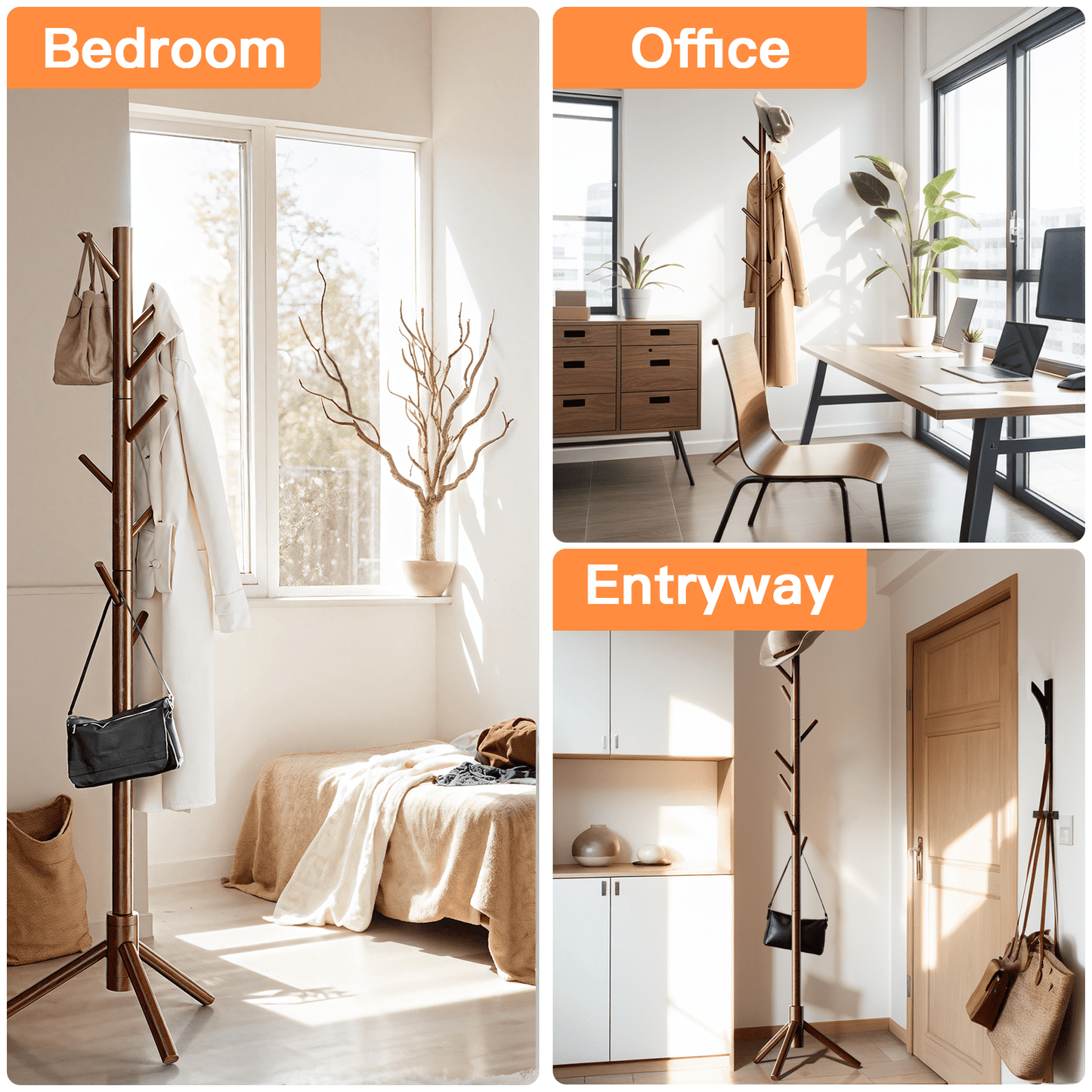 Coat Rack Stand with 3 Height Options and 8 Hooks Wooden Tall Freestanding Coat Rack for Home, Office, Entryway, Hallway