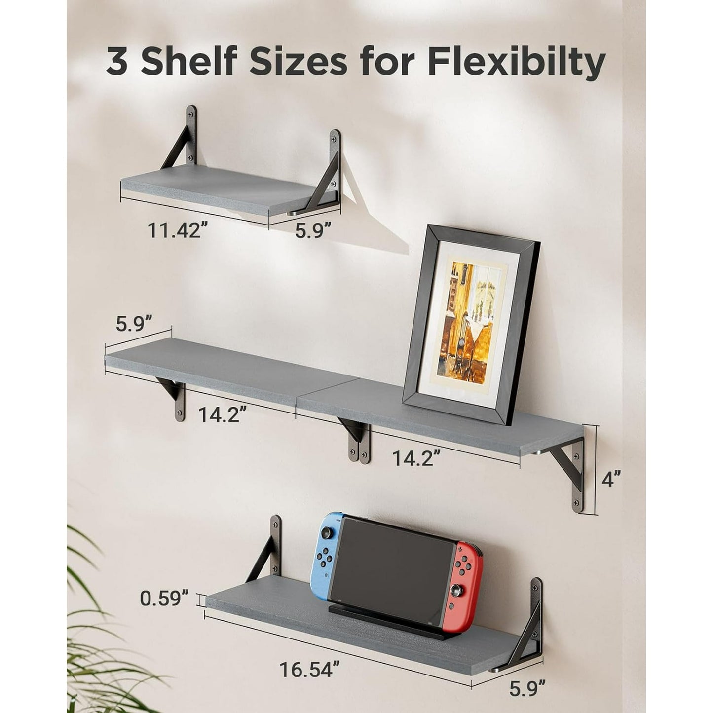 Floating Shelves Wall Mounted 4 Set,Wood Shelves for Wall Decor, Rustic Storage Shelf, Wall Shelves for Bedroom, Bathroom, Living Room, Kitchen, Office,Gray