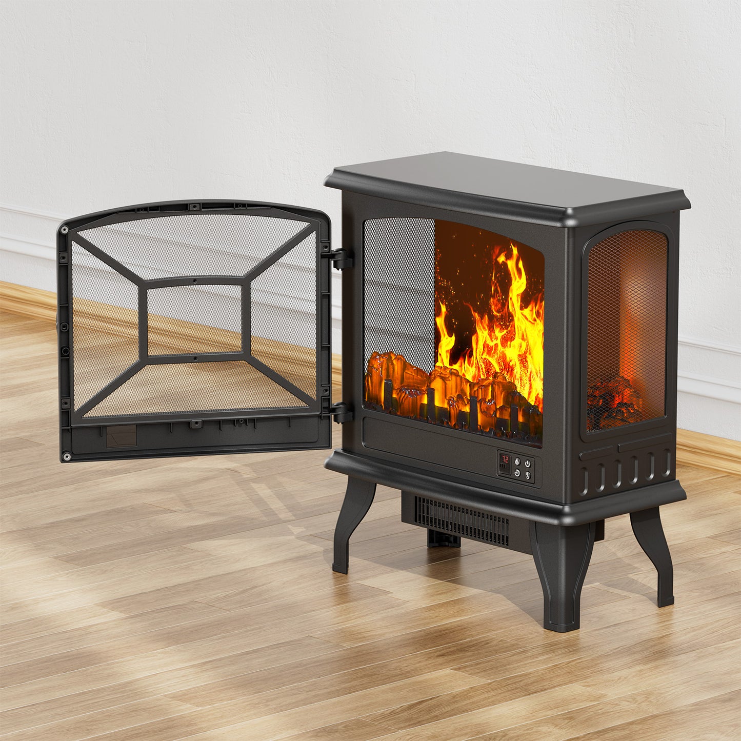 24'' Freestanding Electric Fireplace Heater Stove Portable Infrared Fireplace for Indoor, W/ Remote, Thermostat, 3 Variable Flame