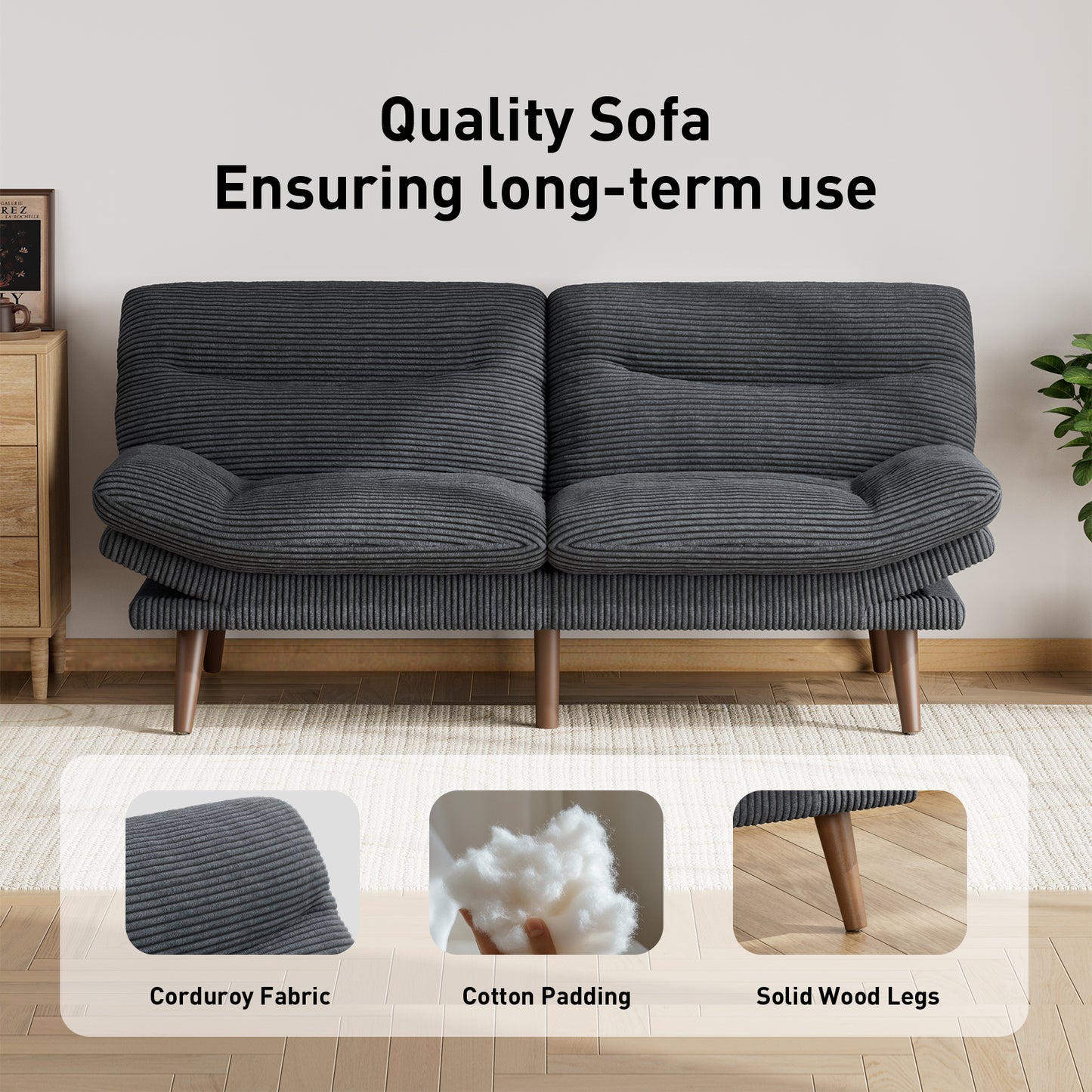 CHITOOMA 66'' Futon Sofa Bed, Grey Corduroy Memory Foam Futon Sleeper Sofa Loveseat Convertible Couch Bed for Small Compact Living Spaces,Apartment