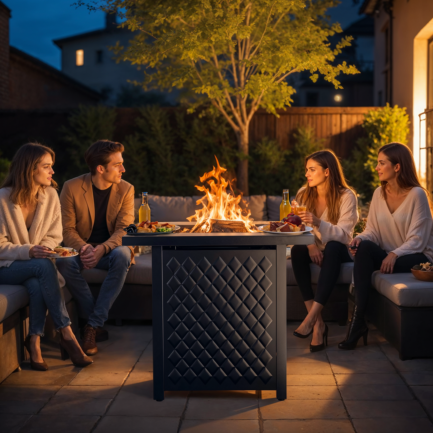 28" Propane Fire Pit Table with Lid and Rock, 60,000 BTU Gas Fire Pit for Outside Patio Garden Party