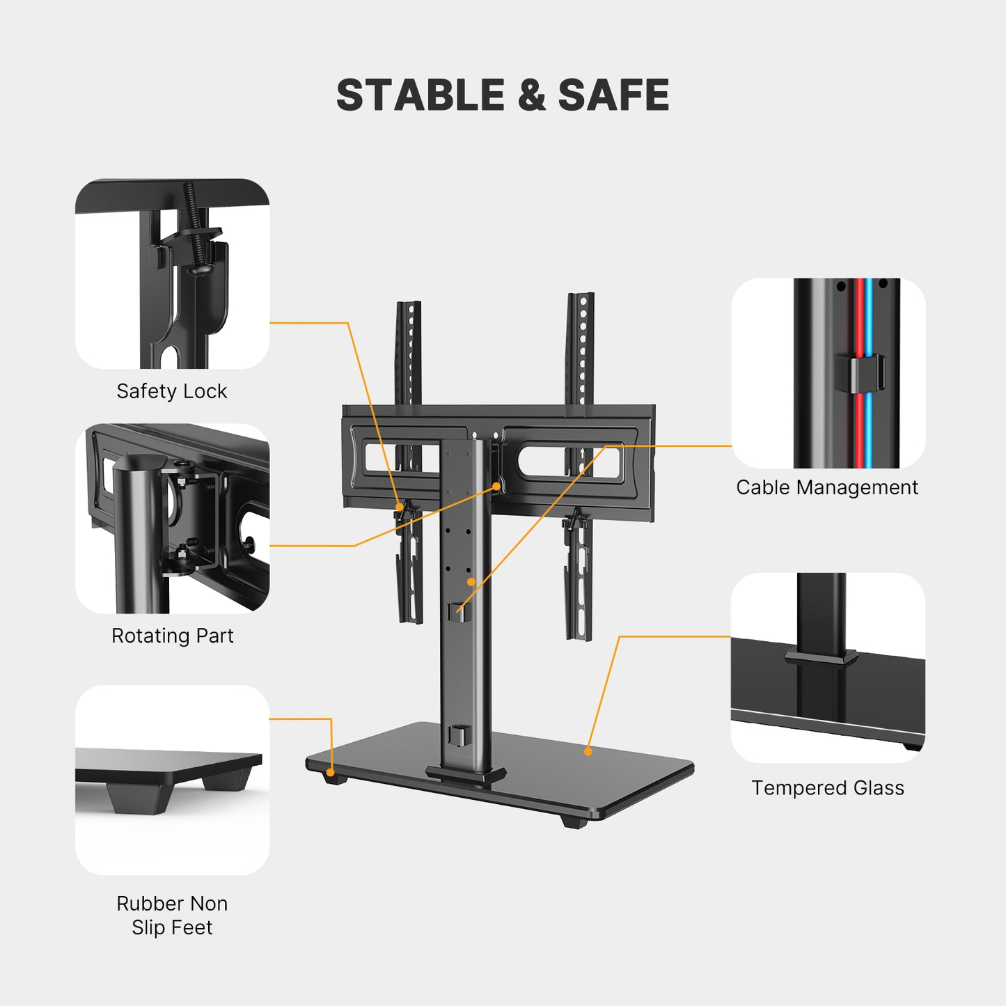 MountFTV Modern Black Universal Table Top Swivel TV Stand TV Mount Glass Base for 32-65 inch LCD LED TVs, up to 35° Swivel, Alloy Steel