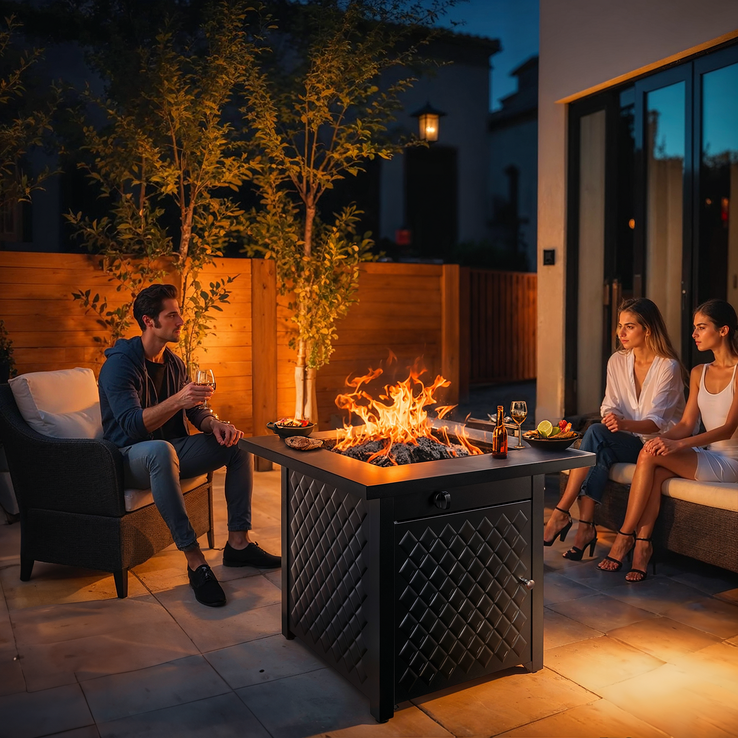 28" Propane Fire Pit Table with Lid and Rock, 60,000 BTU Gas Fire Pit for Outside Patio Garden Party