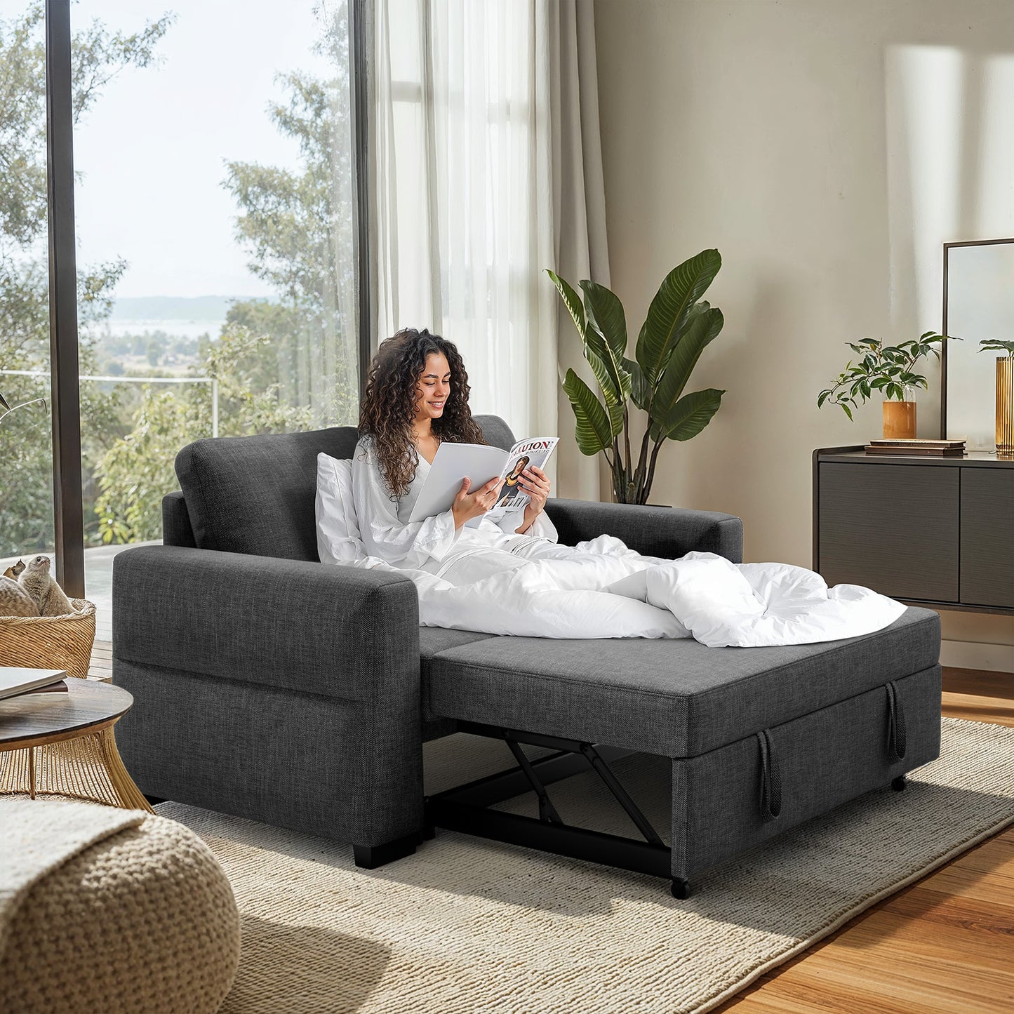 CHITOOMA 60'' Linen Pull Out Sofa Bed Convertible Sleeper Couch with Charging Port, Upholstered Sectional Sofa with 2 Pillows, Reclining Sofas for Living Room, Gray