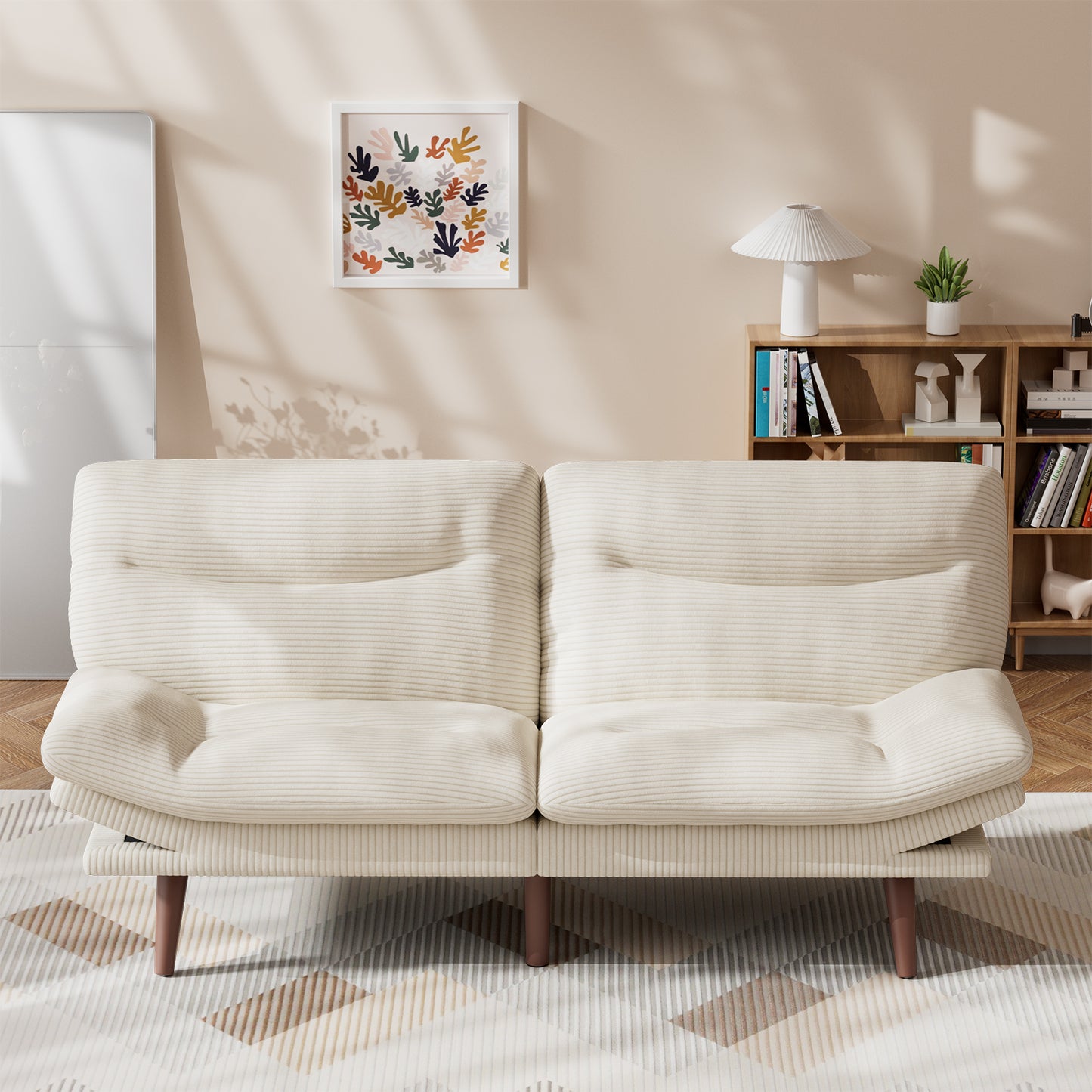 CHITOOMA 75" W Corduroy Convertible Futon Sofa Bed with Adjustable Backrest & Armrests, Comfy Loveseat Folding Sleeper Sofa Couches for Living Rooms Apartment Office, White