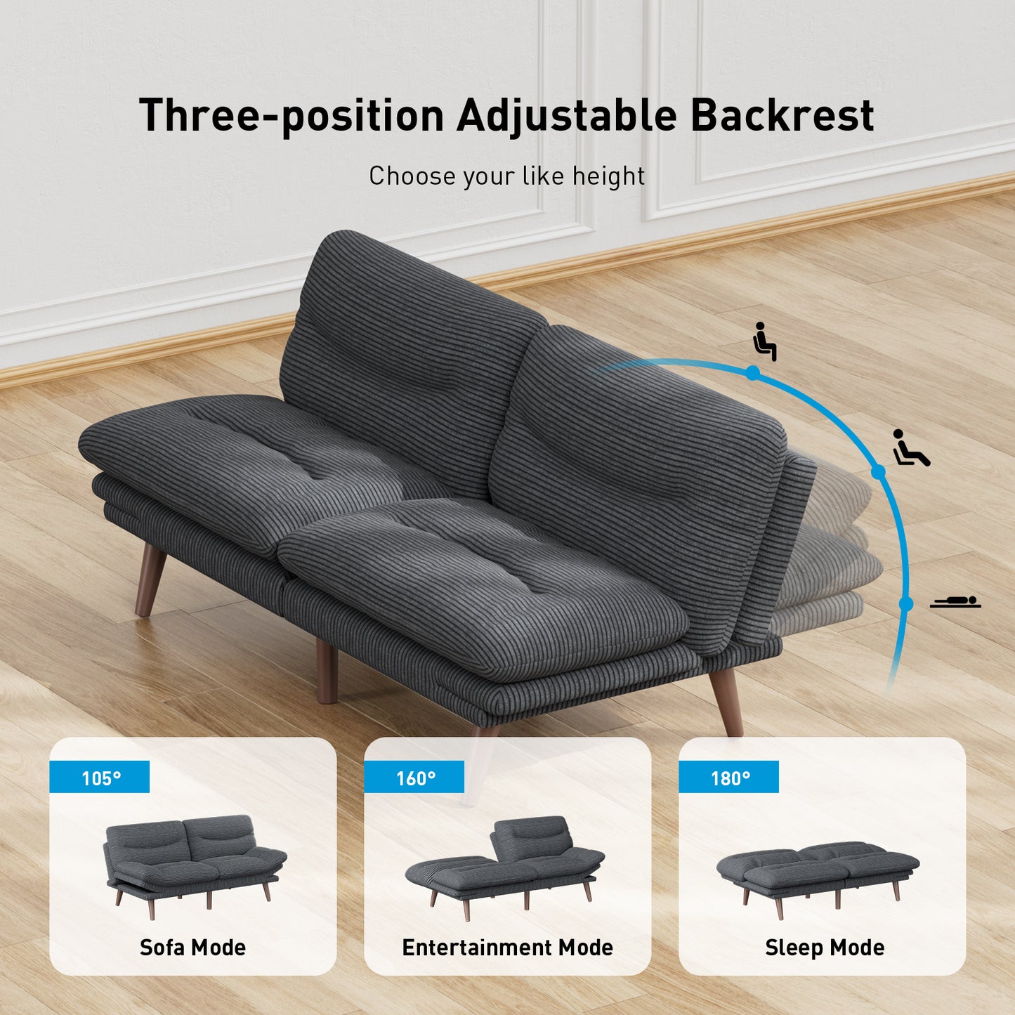 CHITOOMA 66'' Futon Sofa Bed, Grey Corduroy Memory Foam Futon Sleeper Sofa Loveseat Convertible Couch Bed for Small Compact Living Spaces,Apartment