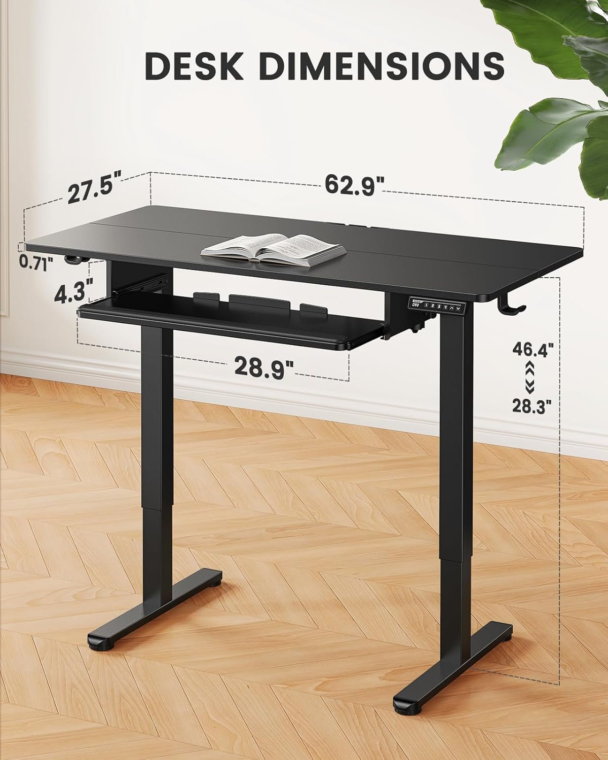 63" x 28" Large Electric Standing Desk with Keyboard Tray and 4 Memory Pre-set, Adjustable Height Sit Stand Up Computer Desk, Black