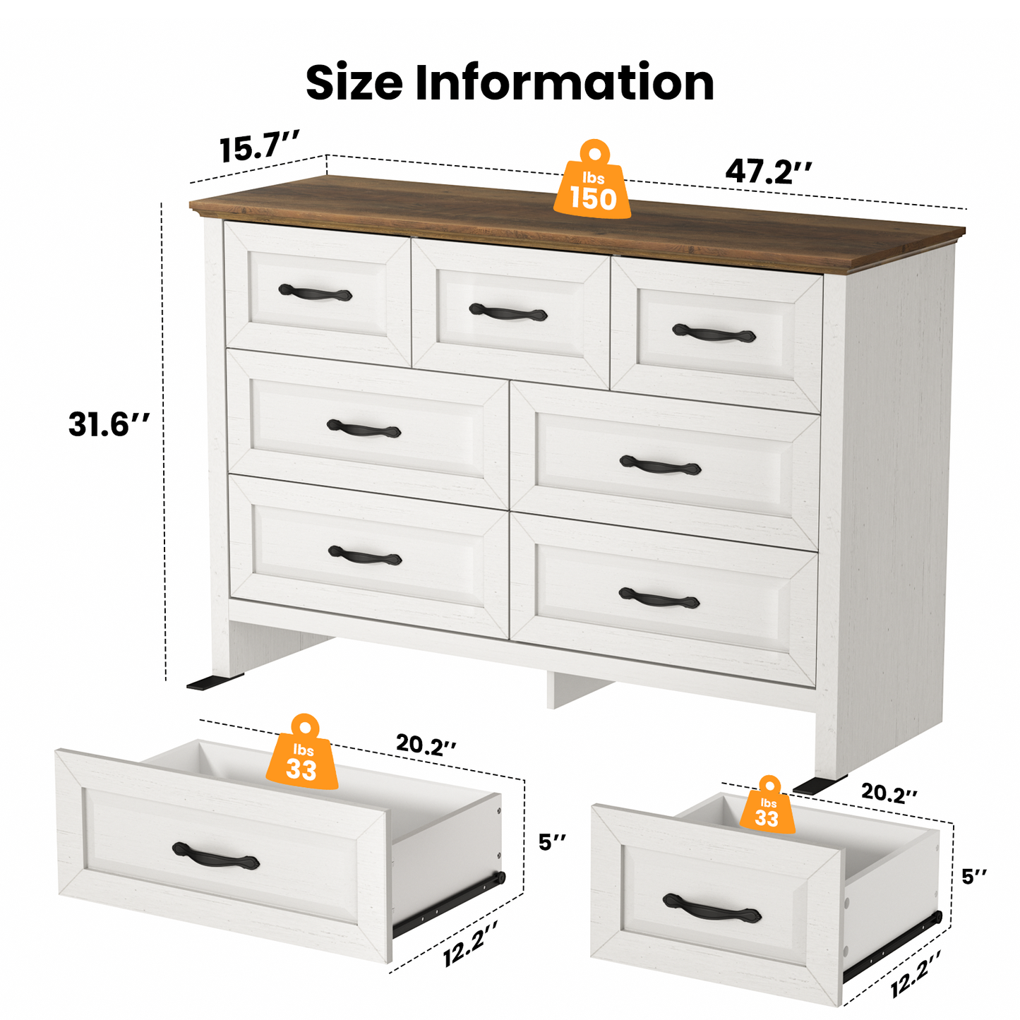 Farmhouse 7 Drawer Double Dresser for Bedroom, 47.2"W Contemporary Wood Chest of Drawer Storage Cabinet for Living Room, Hallway, Entryway, Nursery Room, White & Brown