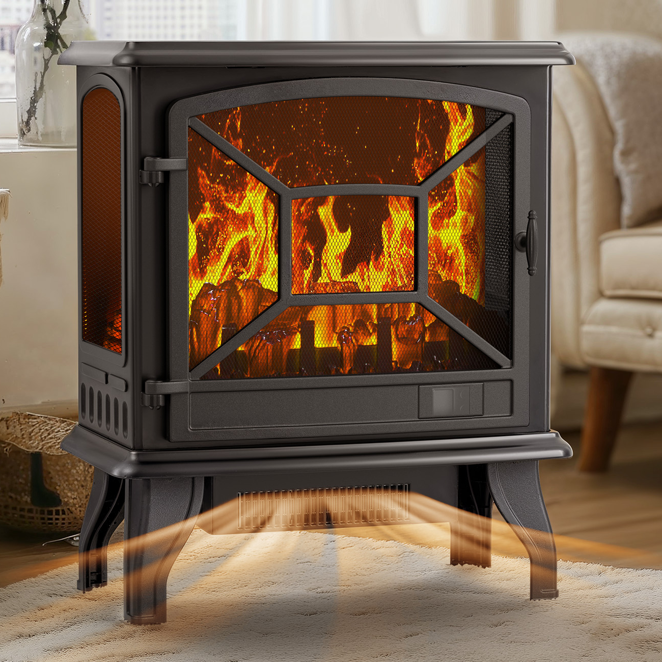 24'' Freestanding Electric Fireplace Heater Stove Portable Infrared Fireplace for Indoor, W/ Remote, Thermostat, 3 Variable Flame
