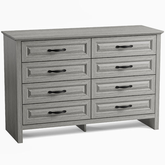 Farmhouse 8 Drawer Horizontal Dresser for Bedroom, Modern Gray Chest of Drawers Wood Storage Cabinet for Living Room, Hallway, Entryway, Nursery Room