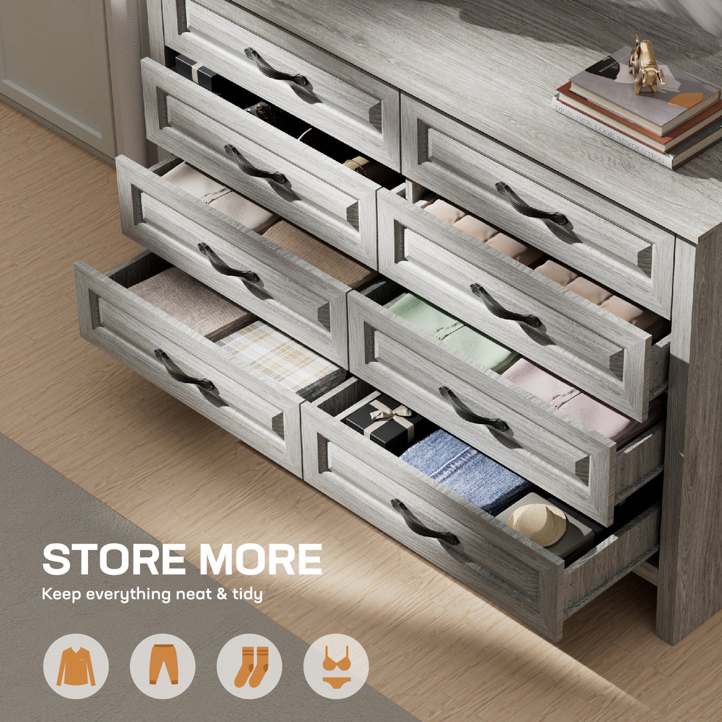 Farmhouse 8 Drawer Horizontal Dresser for Bedroom, Modern Gray Chest of Drawers Wood Storage Cabinet for Living Room, Hallway, Entryway, Nursery Room