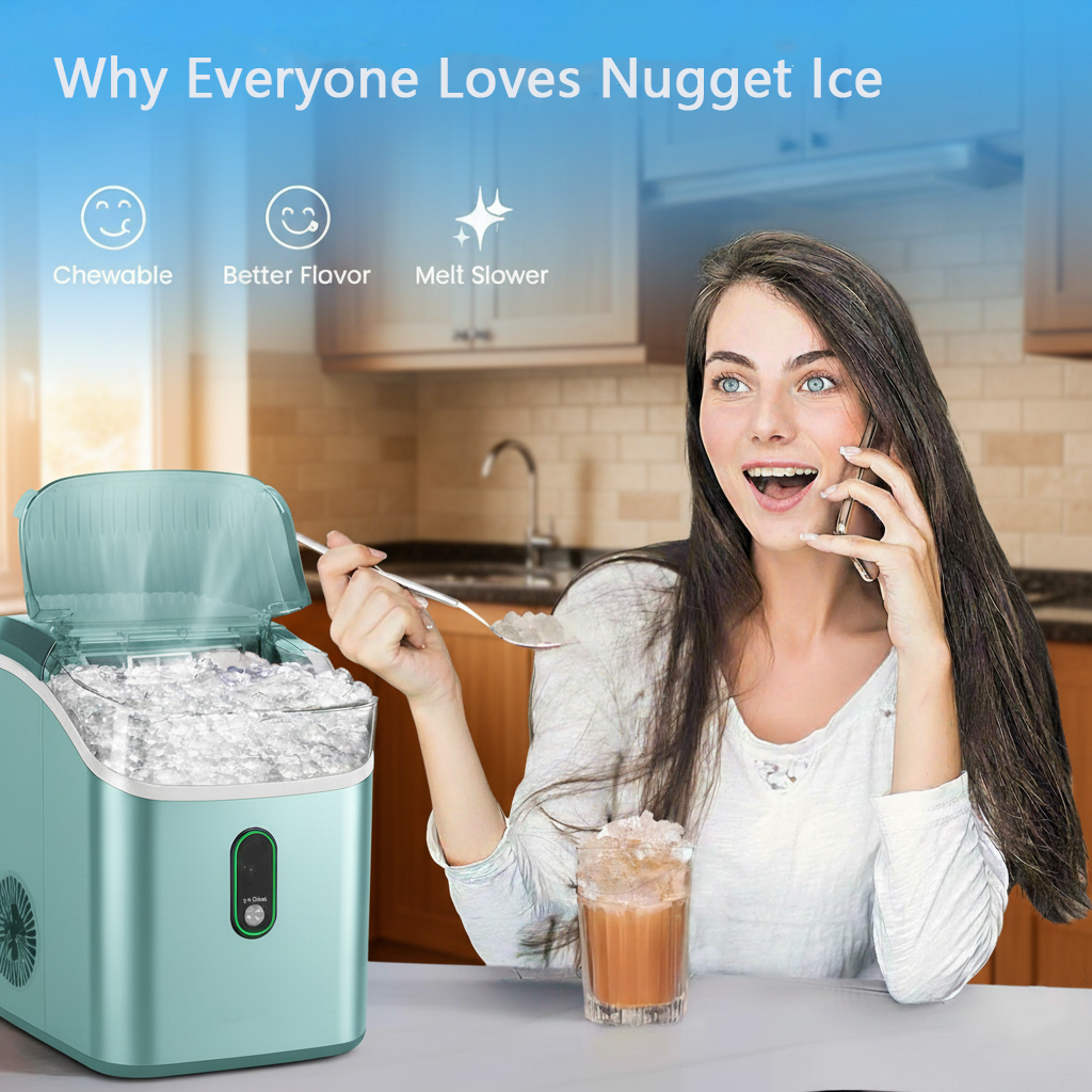 Philergo Nugget Ice Maker Countertop, 35lbs/Per Day, Self-Cleaning Sonic Ice Maker with Ice Scoop and Basket, Portable Chewable Pellet Ice for Home/Party/RV/Camping, Stainless Steels,Green