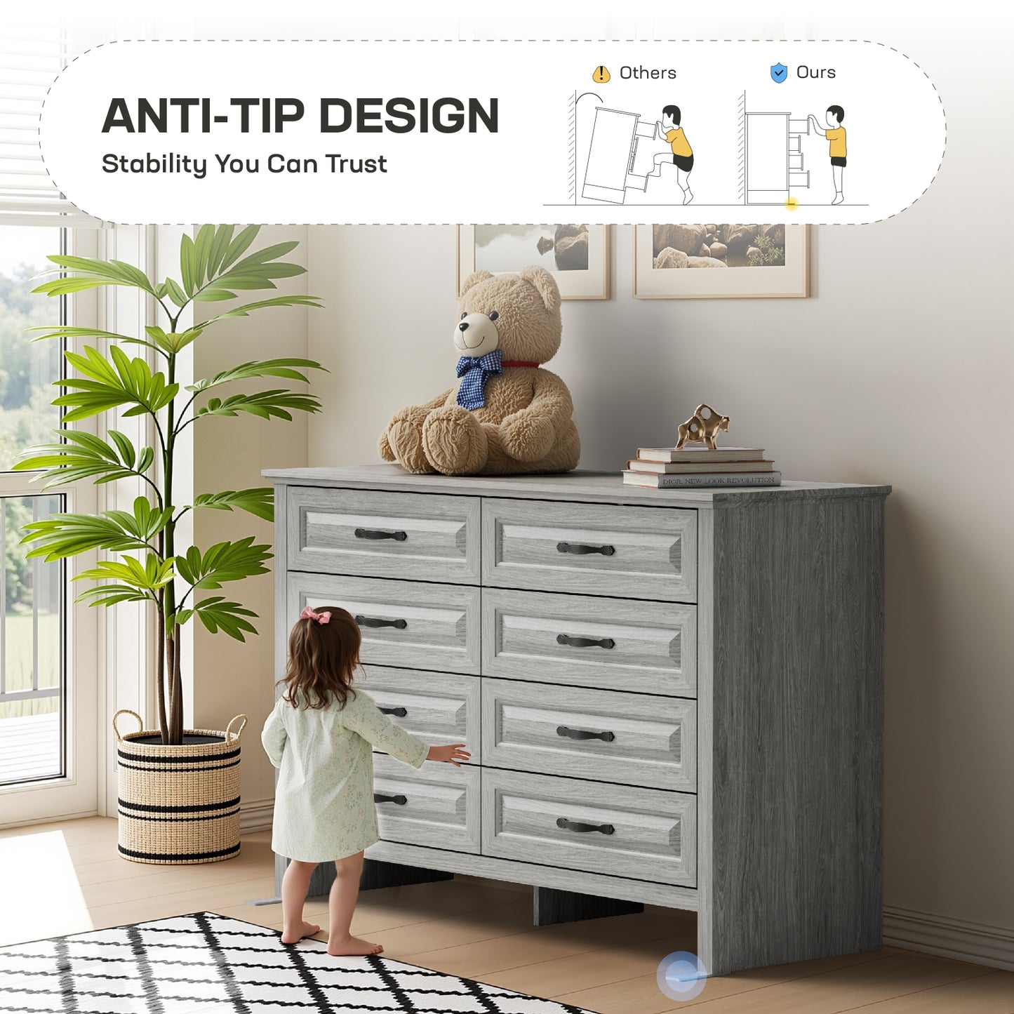 Farmhouse 8 Drawer Horizontal Dresser for Bedroom, Modern Gray Chest of Drawers Wood Storage Cabinet for Living Room, Hallway, Entryway, Nursery Room