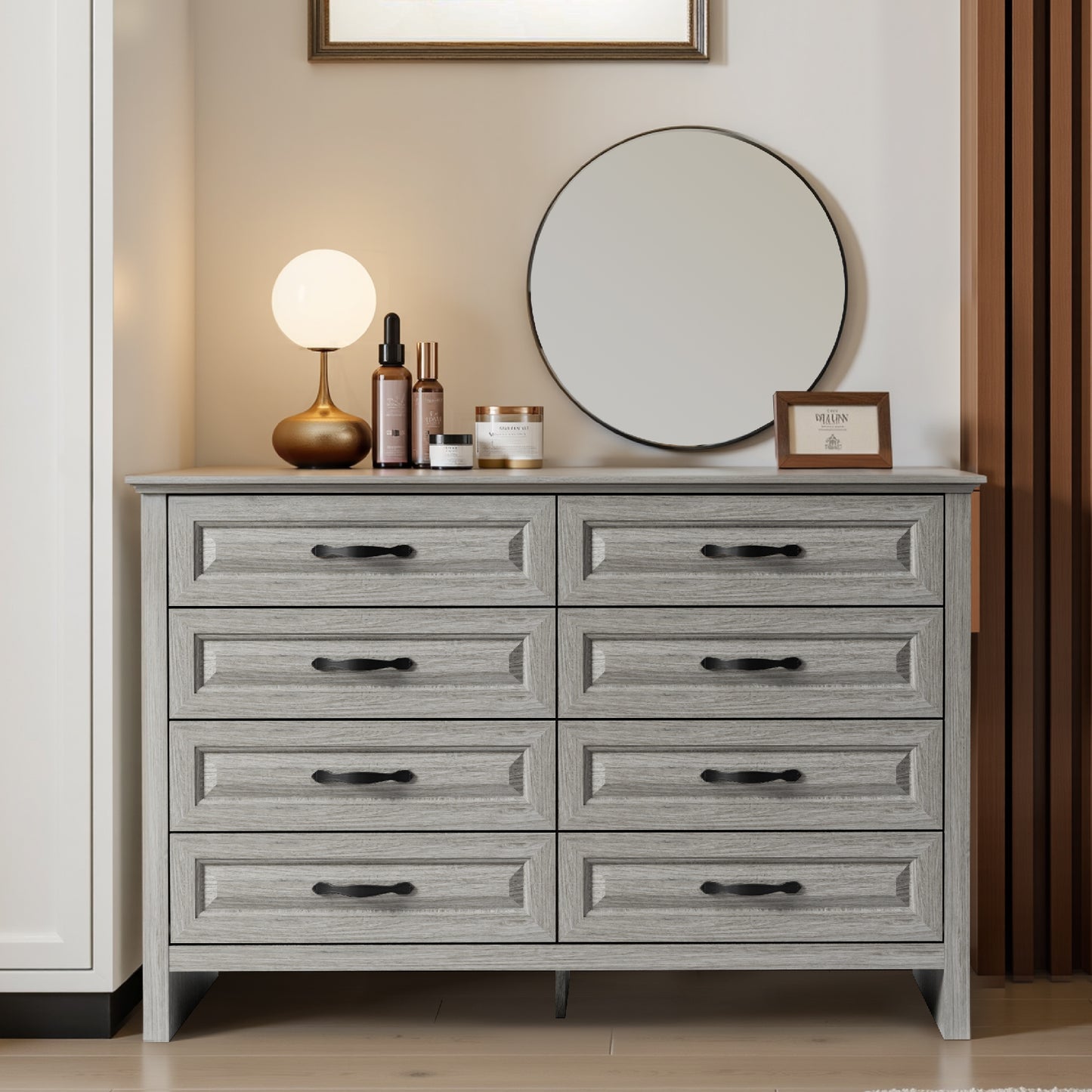 Farmhouse 8 Drawer Horizontal Dresser for Bedroom, Modern Gray Chest of Drawers Wood Storage Cabinet for Living Room, Hallway, Entryway, Nursery Room