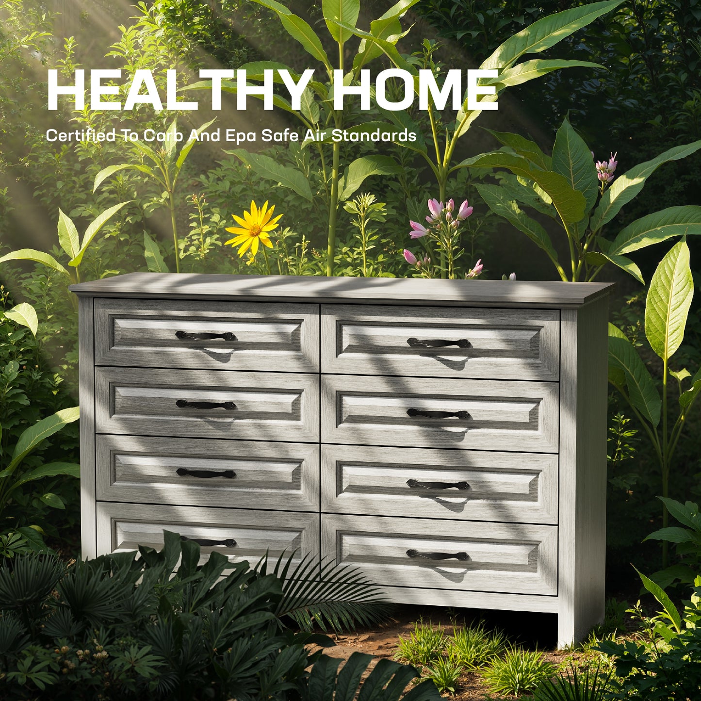 Farmhouse 8 Drawer Horizontal Dresser for Bedroom, Modern Gray Chest of Drawers Wood Storage Cabinet for Living Room, Hallway, Entryway, Nursery Room
