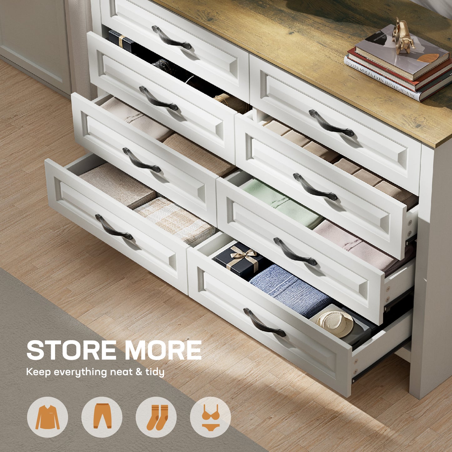Farmhouse 8 Drawer Horizontal Dresser for Bedroom, Modern Chest of Drawers Wood Storage Cabinet for Living Room, Hallway, Entryway, Nursery Room, White & Brown