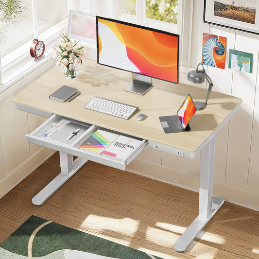Kyspho 48'' x 24'' Electric Standing Desk with Drawer, Solid Maple Wood-top Height Adjustable Desk with USB Charging Ports, Sit Stand Desk with Storage for Home & Office