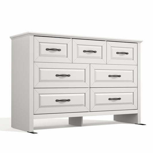 Farmhouse 7 Drawer Double Dresser for Bedroom, 47.2"W Contemporary Wood Chest of Drawer Storage Cabinet for Living Room, Hallway, Entryway, Nursery Room, White