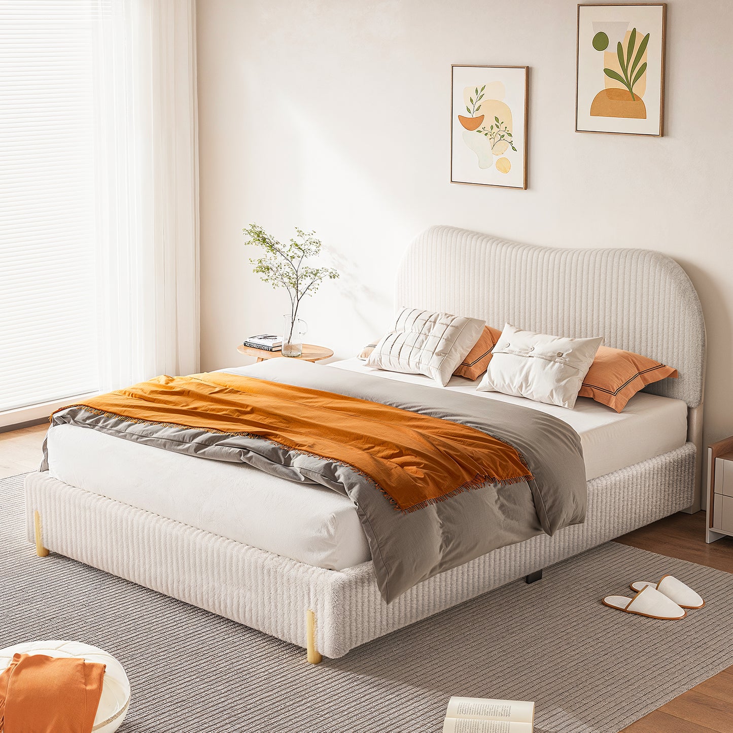 CHITOOMA Queen Bed Frame with Headboard, White Velvet Upholstered Platform Bed Frame Queen Size No Box Spring Needed, Noise-Free, Heavy Duty
