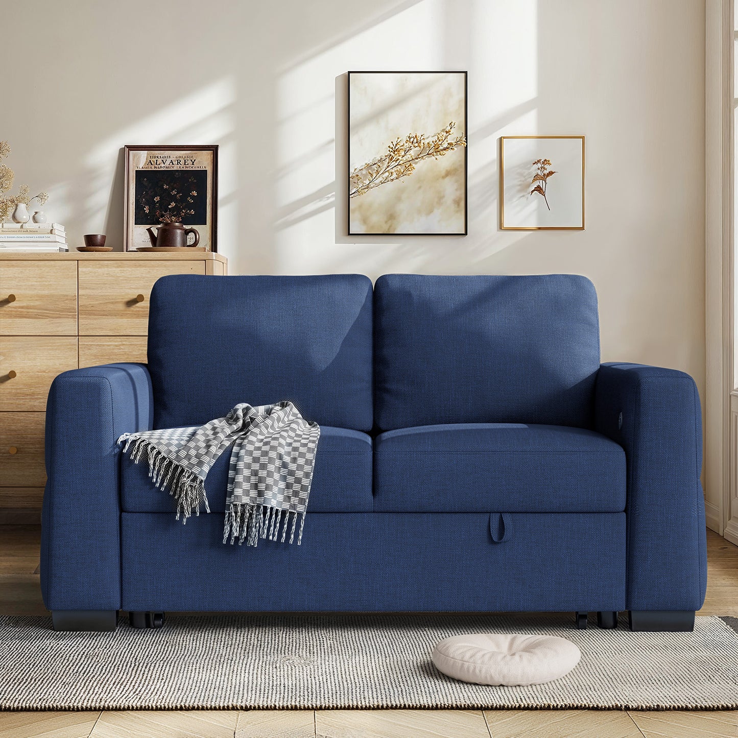 CHITOOMA 60'' Linen Pull Out Sofa Bed Convertible Sleeper Couch with Charging Port, Upholstered Sectional Sofa with 2 Pillows, Reclining Sofas for Living Room, Blue