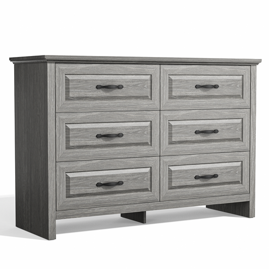 Farmhouse 6 Drawer Dresser for Bedroom, 47.2" Wide Double Dresser with Large Drawers, Wooden Chest of Drawers for Living Room, Hallway, Entryway, Nursery Room, Gray