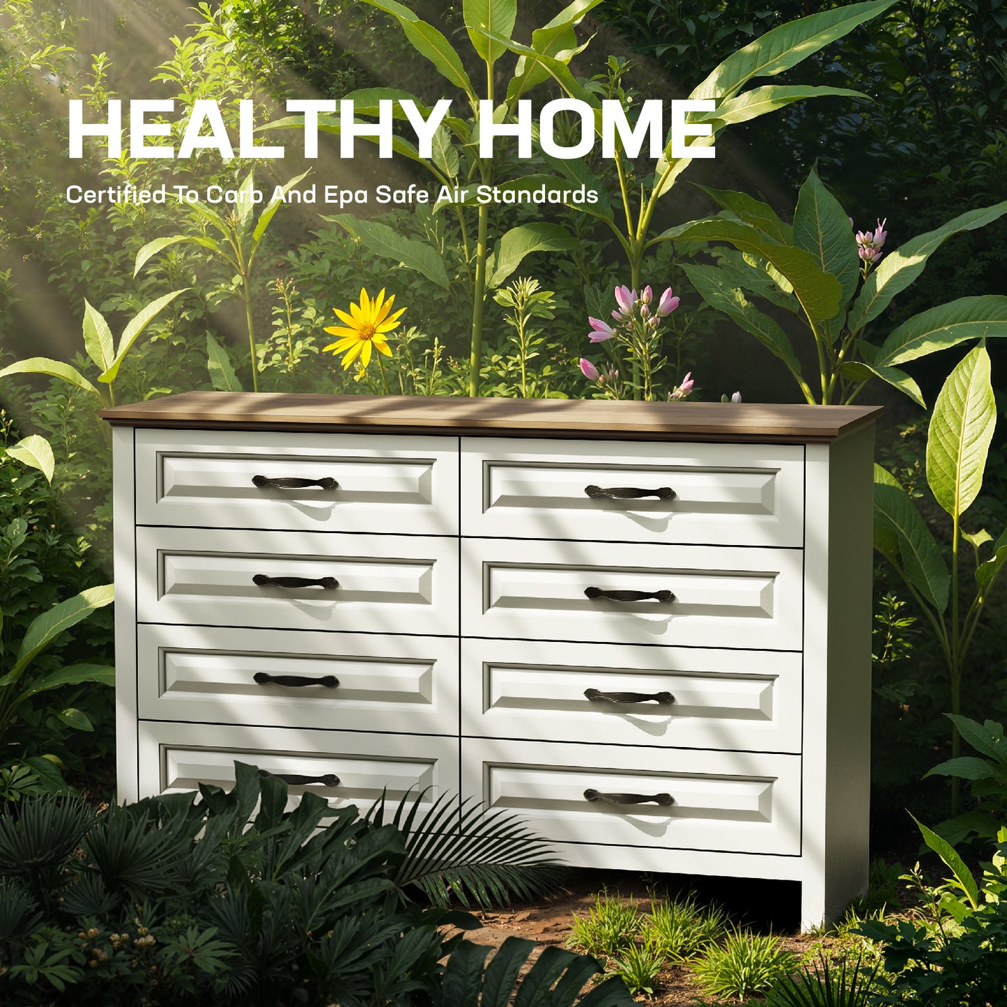 Farmhouse 8 Drawer Horizontal Dresser for Bedroom, Modern Chest of Drawers Wood Storage Cabinet for Living Room, Hallway, Entryway, Nursery Room, White & Brown
