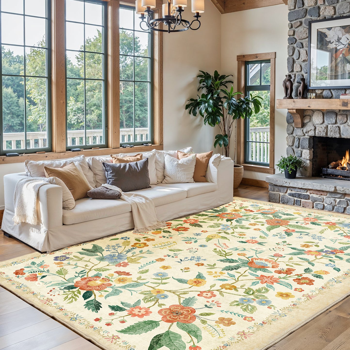 8'x10' Boho Area Rugs for Living Room, Machine Washable Area Rug with Non-Slip Backing, Stain Resistant Non-Shed Carpet for Bedroom, Dining Room, Dorm, Office