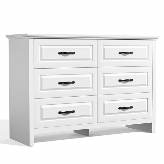 Farmhouse 6 Drawer Dresser for Bedroom, 47.2" Wide Double Dresser with Large Drawers, Wooden Chest of Drawers for Living Room, Hallway, Entryway, Nursery Room, White