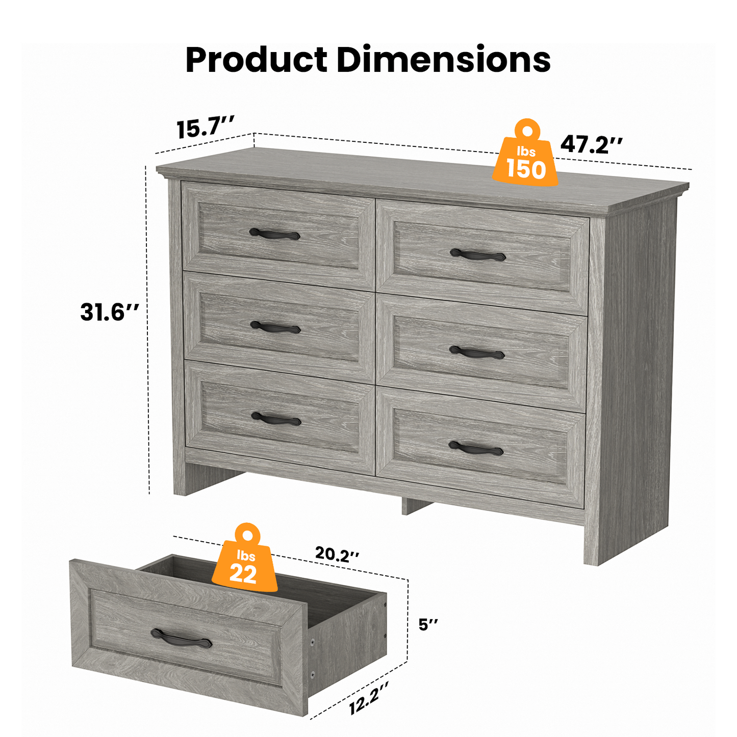 Farmhouse 6 Drawer Dresser for Bedroom, 47.2" Wide Double Dresser with Large Drawers, Wooden Chest of Drawers for Living Room, Hallway, Entryway, Nursery Room, Gray