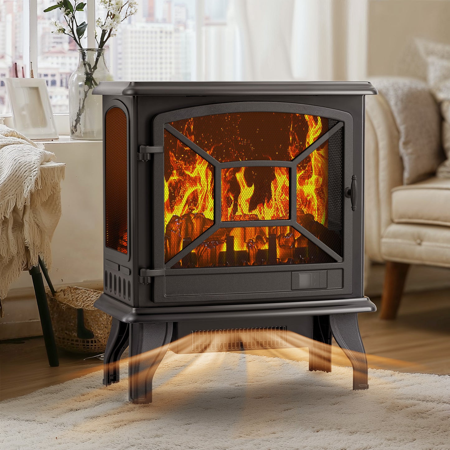 24'' Freestanding Electric Fireplace Heater Stove Portable Infrared Fireplace for Indoor, W/ Remote, Thermostat, 3 Variable Flame