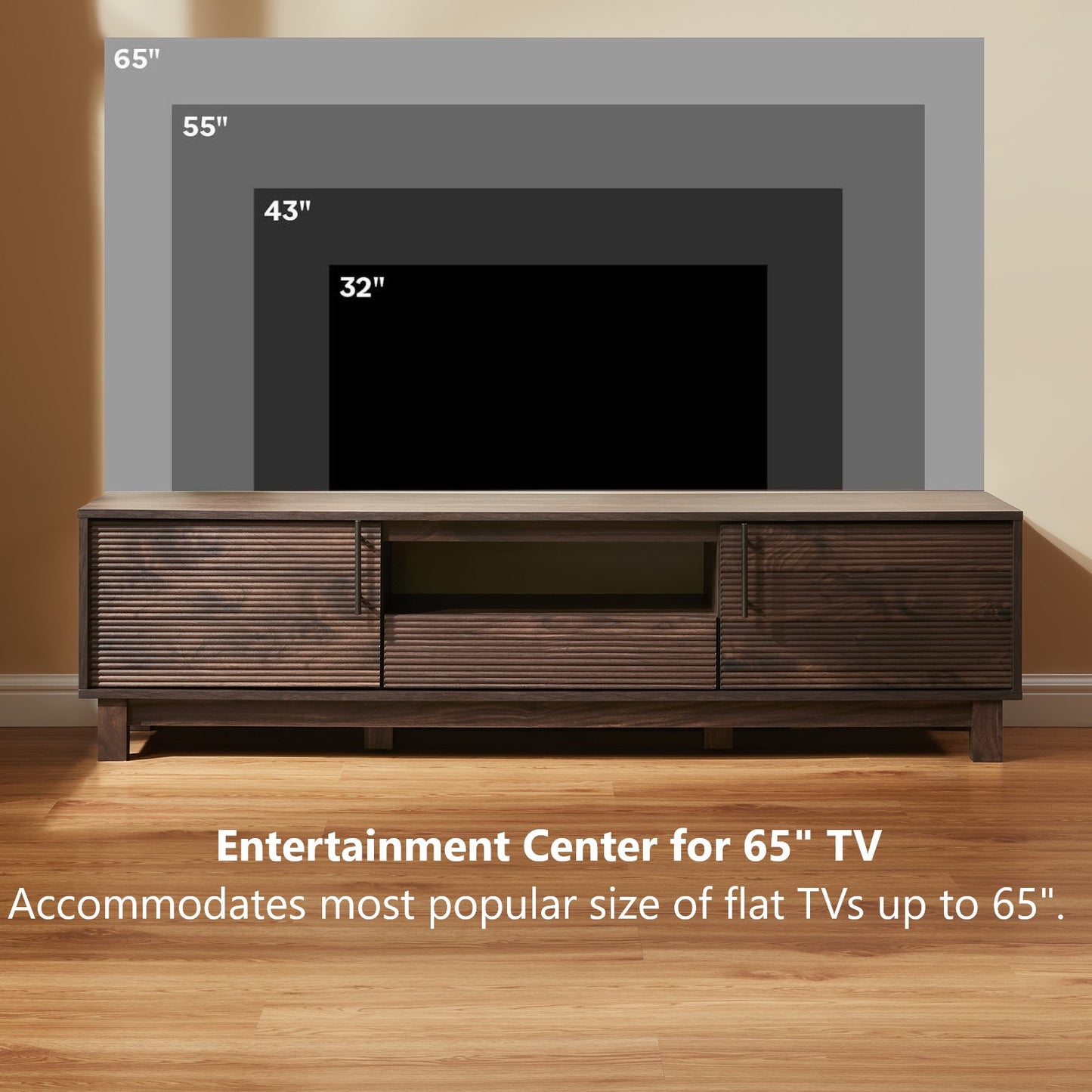 Mid-Century Modern TV Stand for 65″ TVs, Wood TV Console with Reeded 2-Door for Living Room, Brown