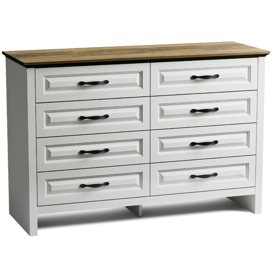 Farmhouse 8 Drawer Horizontal Dresser for Bedroom, Modern Chest of Drawers Wood Storage Cabinet for Living Room, Hallway, Entryway, Nursery Room, White & Brown
