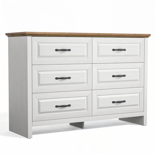Farmhouse 6 Drawer Dresser for Bedroom, 47.2" Wide Double Dresser with Large Drawers, Wooden Chest of Drawers for Living Room, Hallway, Entryway, Nursery Room, White & Brown