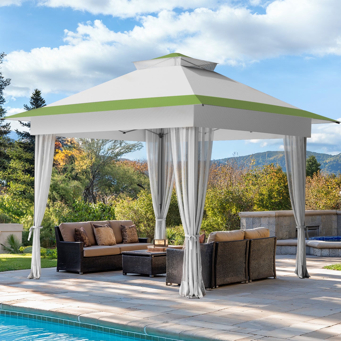CHITOOMA 13 x 13 ft Outdoor Pop-up Gazebo, Patio Canopy Tent with Mosquito Nettings Vented Top and 169 Square ft of Shade for Garden, Party, Backyard, Green