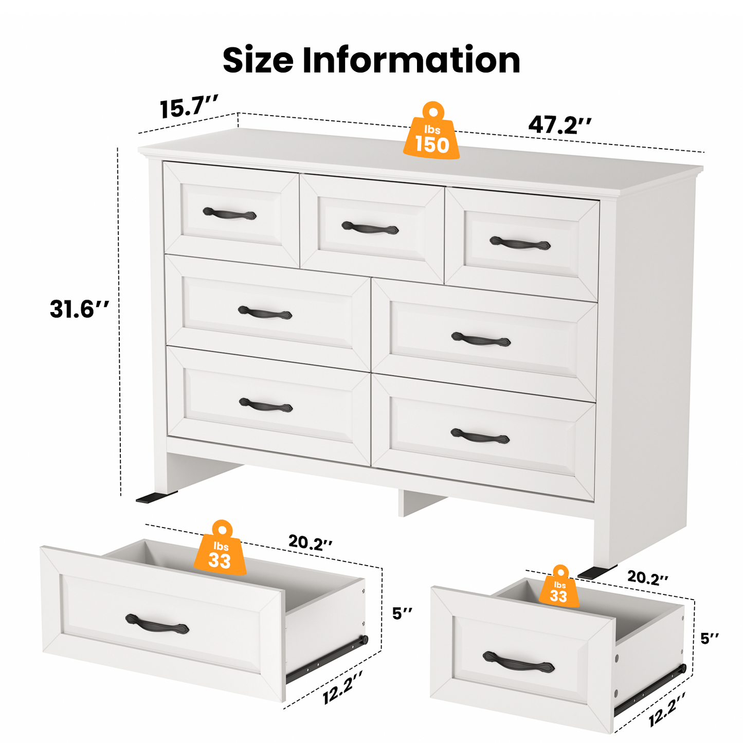 Farmhouse 7 Drawer Double Dresser for Bedroom, 47.2"W Contemporary Wood Chest of Drawer Storage Cabinet for Living Room, Hallway, Entryway, Nursery Room, White