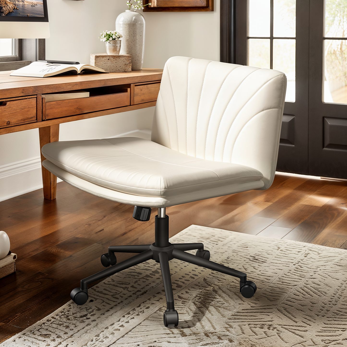Kyspho PU Leather Armless Office Desk Chair with Caster Wheels, Height-Adjustable Office Chair with Tilt & Swivel, Wide Seat, Ergonomic Chair for Office/Vanity/Living Room