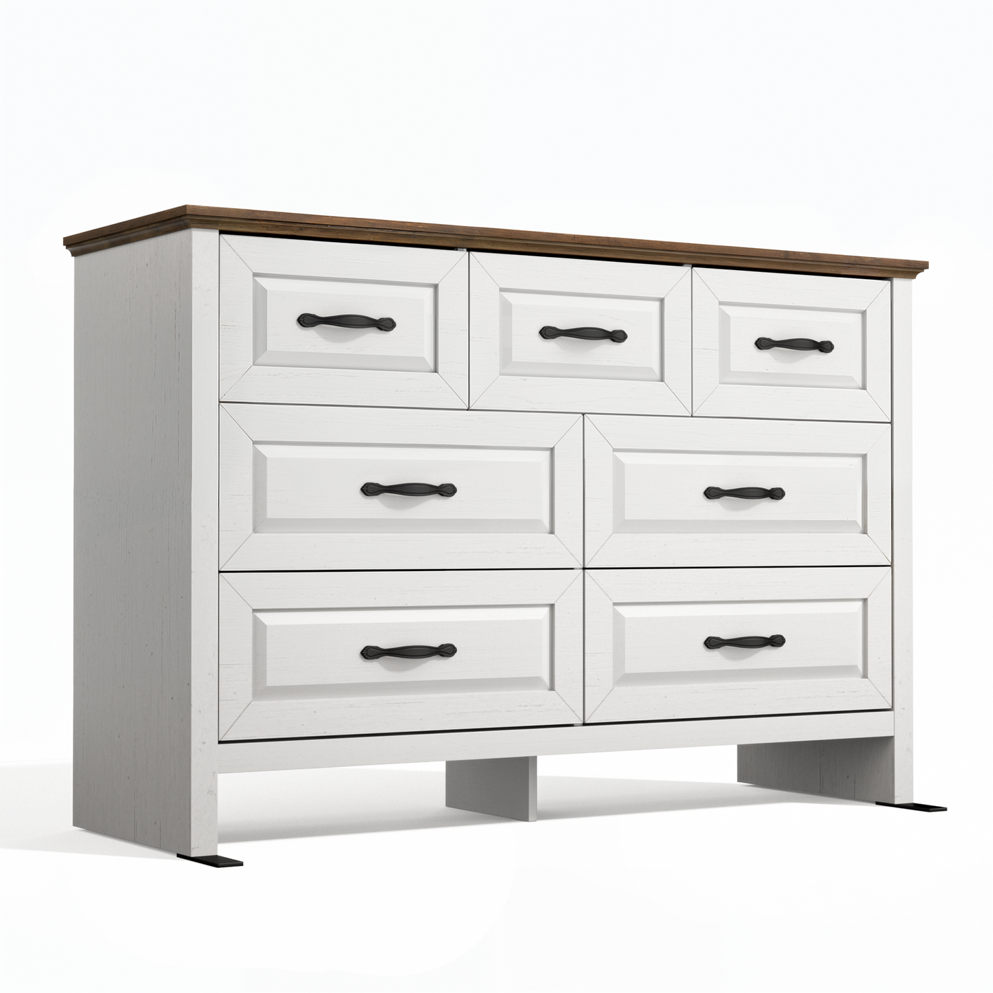 Farmhouse 7 Drawer Double Dresser for Bedroom, 47.2"W Contemporary Wood Chest of Drawer Storage Cabinet for Living Room, Hallway, Entryway, Nursery Room, White & Brown