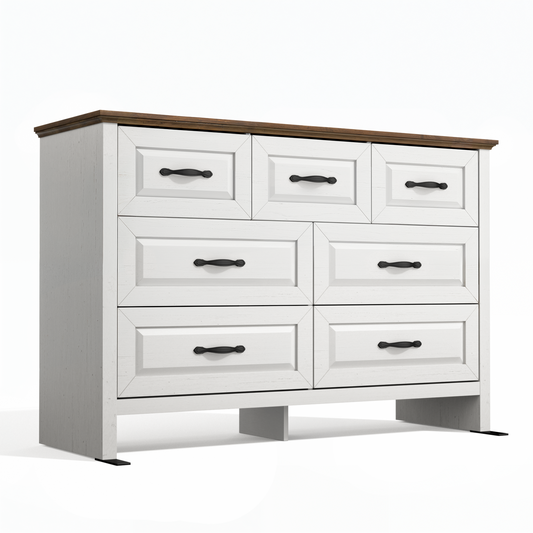 Farmhouse 7 Drawer Double Dresser for Bedroom, 47.2"W Contemporary Wood Chest of Drawer Storage Cabinet for Living Room, Hallway, Entryway, Nursery Room, White & Brown