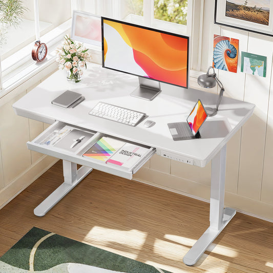 Kyspho 48'' x 24'' Electric Standing Desk with Drawer, Whole Piece Tabletop Height Adjustable Desk with USB Charging Ports, Sit Stand Desk with Storage for Home & Office White