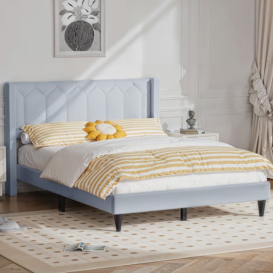 CHITOOMA Queen Bed Frame with Wingback Headboard, Velvet Upholstered Platform Bed Frame Queen Size No Box Spring Needed, Noise-Free, Heavy Duty, Light Grey