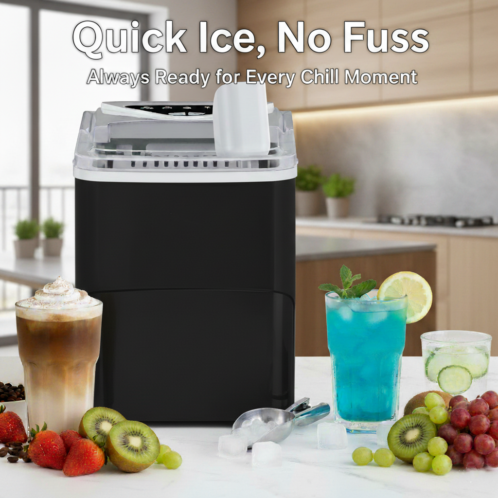 Philergo Ice Maker Countertop, 26lbs/Per Day, 9 Bullet Ice Cubes in 6 Mins, Self-Cleaning Ice Maker with Ice Scoop, Basket,2 Sizes of Bullet Shaped Ice for Home/Office/Kitchen,Black