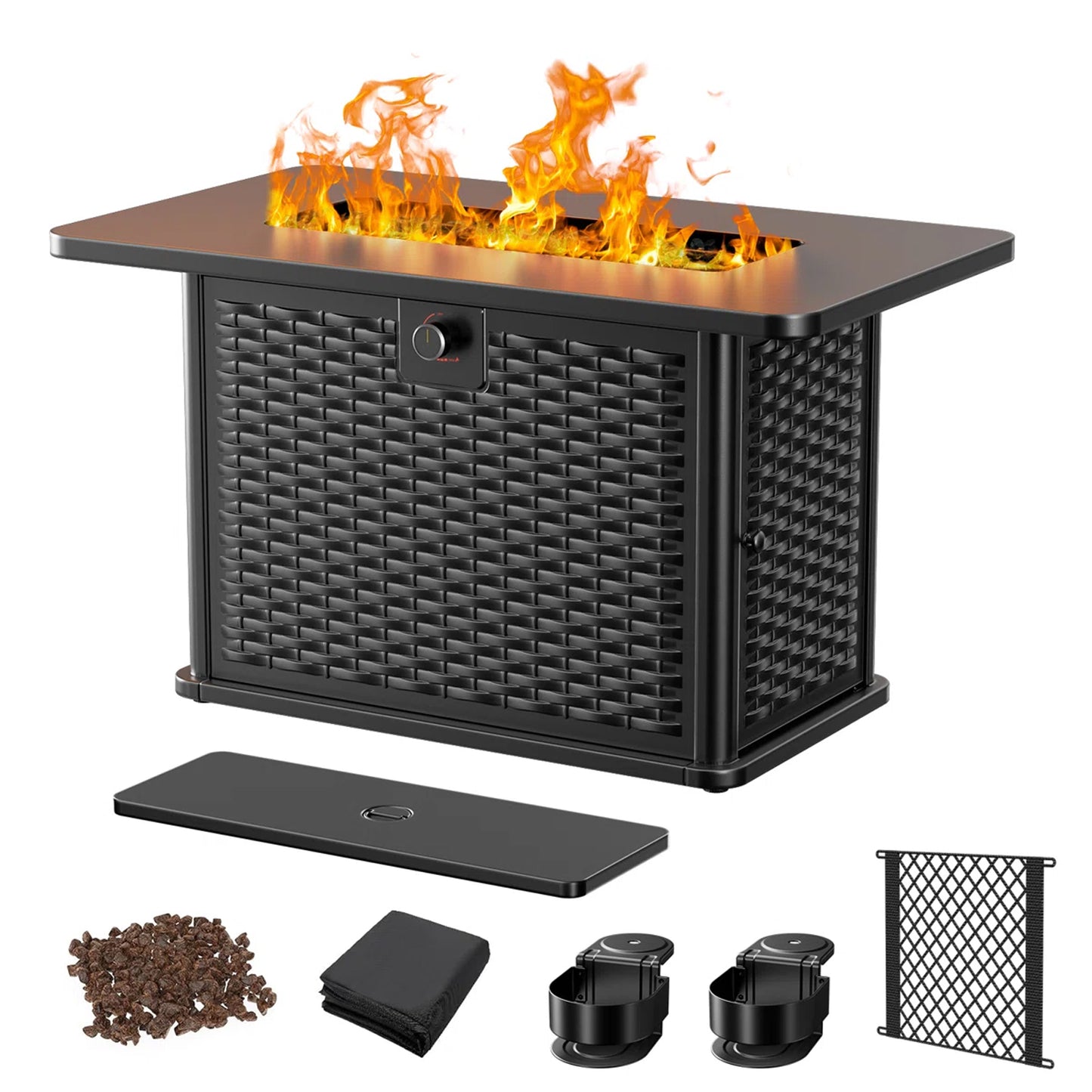 43" Propane Fire Pit Table - 60,000 BTU Gas Fire Pit with 2 Cup Holders, Waterproof Cover & Lava Rocks for Garden, Deck, Backyard